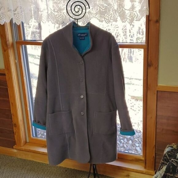 Vintage Reversible Sz 2X Gray/Teal Fleece Long Button Coat with Pockets - Picture 1 of 8